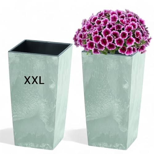 Pot de fleurs avec insert slim haut carré design béton (gris, XXL - 62 cm)