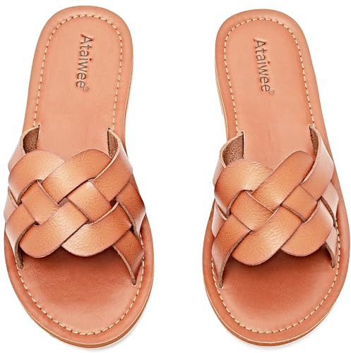 Ataiwee Sandales à enfiler pour femme - Sandales d'été plates confortables et tendance - Semelles intérieures douces - Marron clair 8002, 45 EU