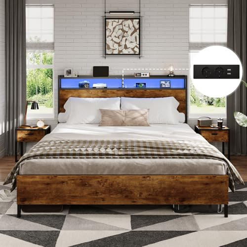 DICTAC Bett 140x190 mit LED Beleuchtung, Metallbett mit Steckdose und USB-Ladefunktion, Doppelbett mit Holzkopfteil mit Stauraum, Bettgestell mit Lattenrost, Bettrahmen mit Stauraum unter dem Bett