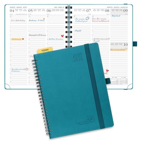 POPRUN Kalender 2025 2026 Wochenplaner (Aug.2025-Dez.2026) Ringbuch mit Softcover, ca. A5 (22 x 16,5 cm), 17-Monate-Terminplaner 1 Woche 2 Seite mit FSC®-Zertifiziertem Papier - Pazifikgrün