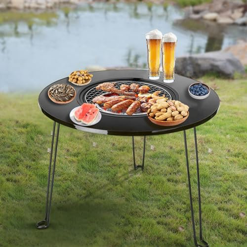 Table de barbecue pliante portable avec réchaud en carbone Table de pique-nique ronde pour intérieur et extérieur Camping Picnic Patio et fêtes