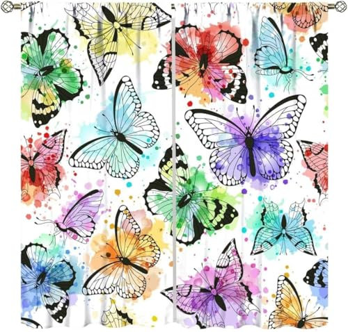 Vorhang Kinderzimmer Blumentier Schmetterling Kinder Vorhänge Mit Ösen Polyester Gardinen Thermovorhang Blickdicht Ösenschal Kindergardinen 280X250 cm (B + H) Für Wohnzimmer,2Er Set-662649844