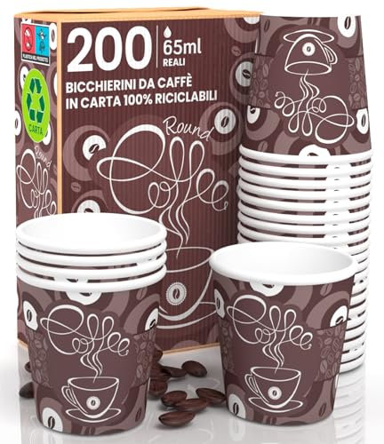 Eurocali Lot de 200 gobelets en papier pour café 65 ml à café rond Recyclables Jetables, petits sacs à emporter boissons chaudes