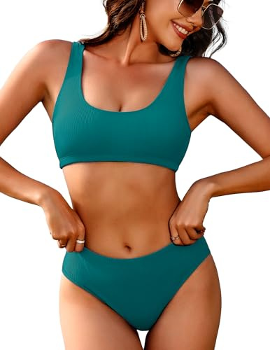 AI'MAGE Bikini da donna a costine costumi da bagno sportivi con scollo rotondo due pezzi costumi da bagno taglio alto bikini XS-XXL, Blu pavone, S