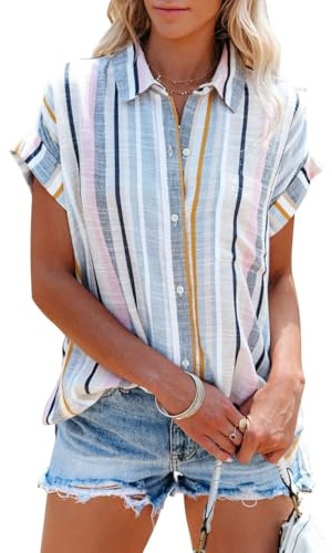 Cicy Bell Blusa para mujer de manga corta a rayas, con escote en V, camisas a rayas, tops de verano, casual, con botones, camiseta de manga corta, Rosa, azul, L