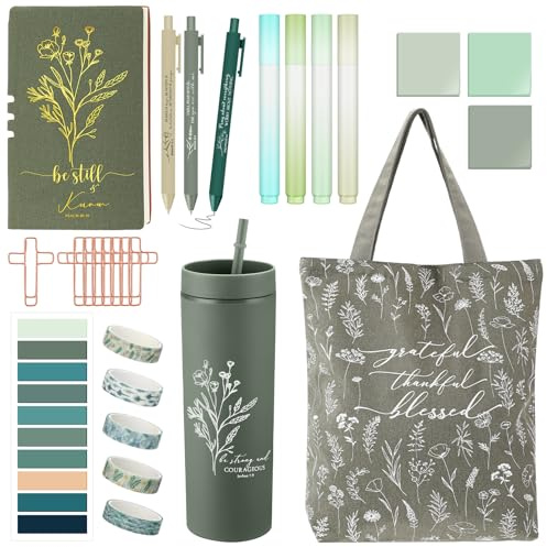 Patelai 29 Pcs Bible Study Supplies Journaling Kit with Christian Cup Tote Bag for Mother's Day Women Gifts Set for Friend Sister Mom Church Religious Birthday Gifts(Green)