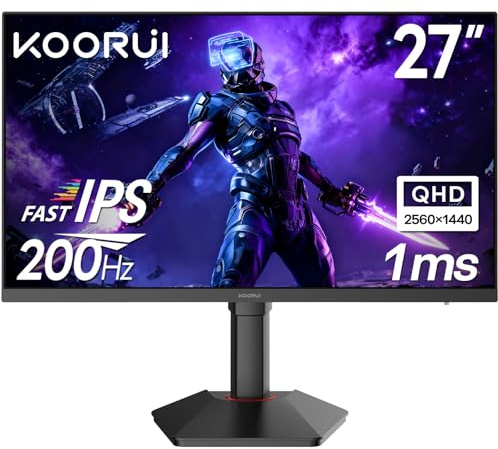 KOORUI Monitor de Juegos 27, 200Hz QHD 2560x1440, Panel Fast IPS 1ms, HDR400, 95% DCI-P3, Sync Adaptativa, Altura/Rotación Regulables, HDMI 2.0/DP 1.4, Filtro Anti-Luz Azul, Negro