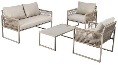 MOBETTRES Garten-Lounge-Set mit verzinktem Eisenrahmen, Gartenmöbel-Set aus Seil, Lounge-Set aus khakifarbenem Seil mit Sitzkissen, verstellbaren Füßen, glatter Glasplatte, 4er-Set (Khaki)
