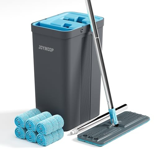 JOYMOOP Mop and Bucket Set with Wringer, mops for Floor Cleaning, Wall Mop Cleaner with Long Handle, with 6 Reusable Microfiber Mop Pads - Grey+Cyan Blue
