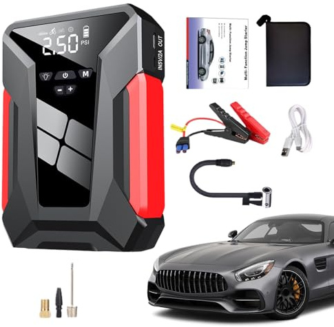 Démarreur de batterie de voiture, chargeur de démarrage, gonfleur de pneu multifonction 20 x 13 x 5 cm, batterie externe , portable, compact, utilisation en extérieur