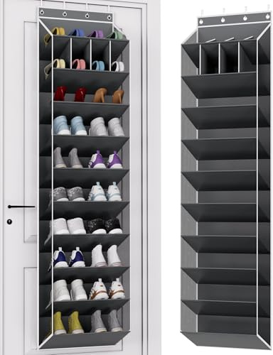 KYEVIS 10 Tier Over Door Shoe Storage Organiser with Deep Pockets, Large Capacity Hanging Storage Rack for Sneakers, Boots, Toys and Daily Necessities, Grey