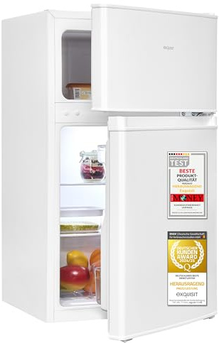 Exquisit Kühl-Gefrierkombination, 85 Liter, Kühlschrank mit Gefrierfach, 4-Sterne-Gefrieren, LED-Beleuchtung, kompakt, klein, KGC590-30-E-040E weiss