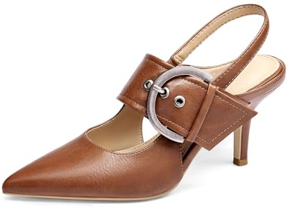 Coutgo Womens Slingback Pumps Closed Pointed Toe High Heels Belt Buckle Strap Dressy Work Shoes, Brown, Size 8