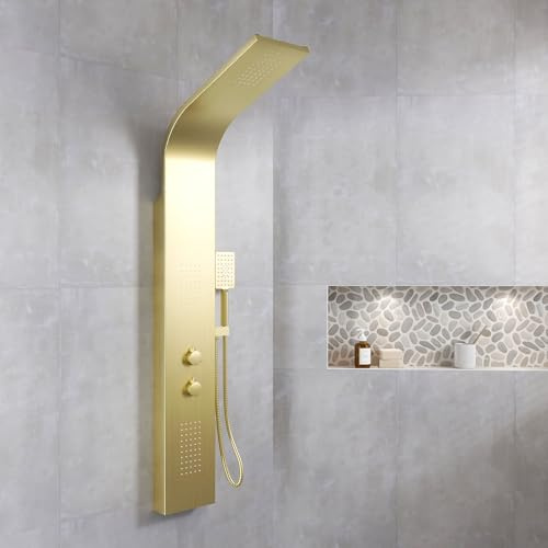 Colonne De Douche Effet Pluie - 140x20cm - Acier Inoxydable Or Brossé
