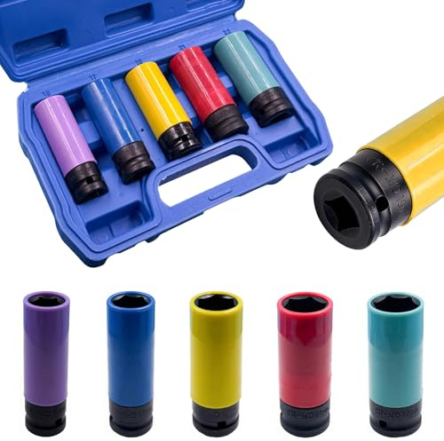 Juego de 5 llaves de impacto de 1/2 pulgadas, juego de tuercas de 15 mm, 17 mm, 19 mm, 21 mm, 22 mm, inserto de fuerza, llave para tuercas de rueda, protección de llantas, juego de reparación de