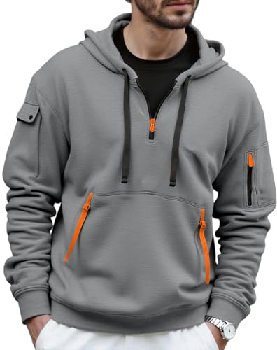 Chenxi Studio Pull à capuche en polaire pour homme avec fermeture éclair 1/4, manches longues avec plusieurs poches, pull surdimensionné pour activités de plein air, pull de travail avec cordon de