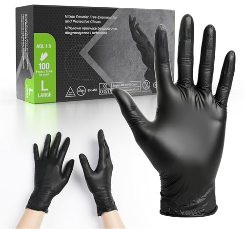 GUARDIS Lot de 100 gants en nitrile noirs non poudrés Taille L – Gants de protection et d'examen jetables, sans latex, résistants aux produits chimiques, ambidextres