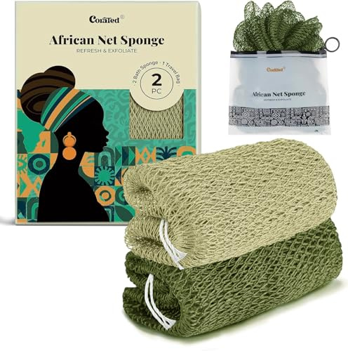 CORATED 2 Piezas de Red Exfoliante Africana, Esponja de Red para Baño, Esfregador para la Espalda, para Limpieza Facial y Corporal en Ducha y SPA (Verde Oliva Y Verde Claro)