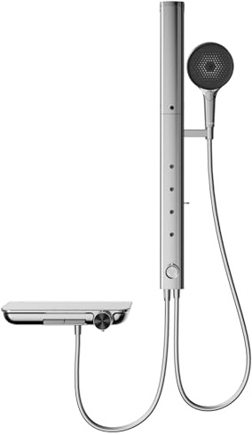 HOROW RainFlexi S2 - Duschpaneel mit Thermostat, Armatur (Kindersicherung) und Klappbaren Kopfbrause, 4 Massage-Modi, Höhenverstellbares Duschsystem, Hitzebeständiger Schlauch, Unterer Auslauf, Chrom