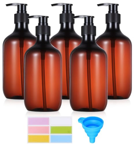 5 Shampoo Flaschen zum Befüllen, 500ml Shampoo Pumpspender, Duschgel Spender, Kunststoff Pumpflaschen, Shampooflaschen zum Befüllen für Lotion Seifenspender Dusche Duschgelspender + Trichter/Etikett
