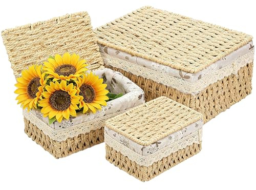 Cesto portaoggetti intrecciato con fodera, 3 pezzi con coperchio | Cestino per il pane intrecciato, con coperchio, in rattan, per cucina, bagno, camera da letto, balcone (iuta)