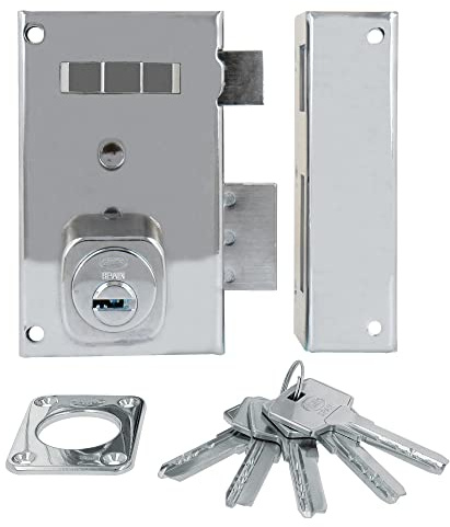 Amig - Cerradura de Sobreponer de Derecha con Palanca de Cierre, Lengüeta y Tirador para Puertas de Madera Mod. 75, 67 x 112 mm, Cilindro Redondo de Seguridad, Acero Plateado
