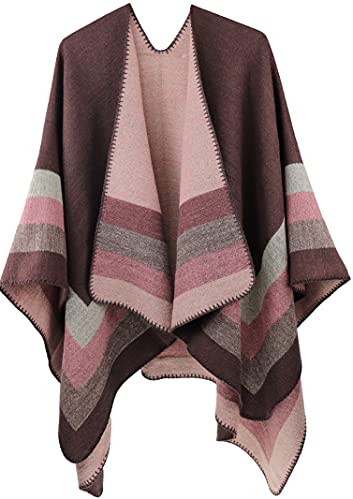 Shmily Girl Femme Cape Poncho Extra Large écharpe Châle Blanket Poncho Automne Hiver (One Size, Rayé/Café)
