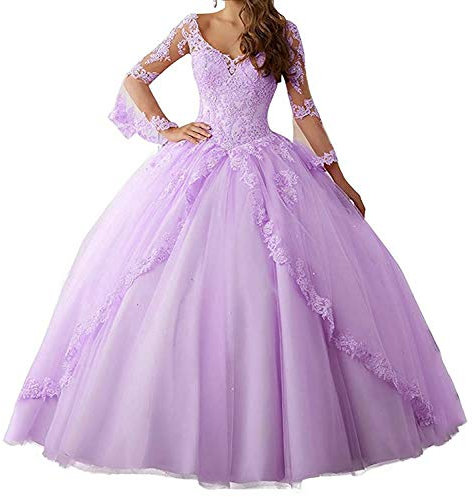 JAEDEN Robe de Bal Manche Longue Robe de soirée Longue Robe de mariée Robe de Quinceanera V-Cou Lilas EUR44