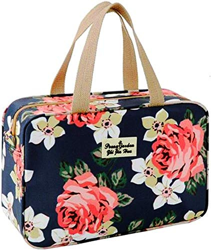 Borsa da toilette per donna Borsa cosmetica portatile Grandi articoli da toeletta Organizer Borsa per il lavaggio Kit Borsa da viaggio per trucco per ragazze Custodia cosmetica floreale (Rosa Navy)
