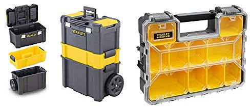 STANLEY Essential Rolling Workshop Toolbox, 3 Tier Stackable Units, STST1-80151 & STANLEY FATMAX Pro Deep Storage Organiser for Small Parts, 10 Removable Compartments, 1-97-521