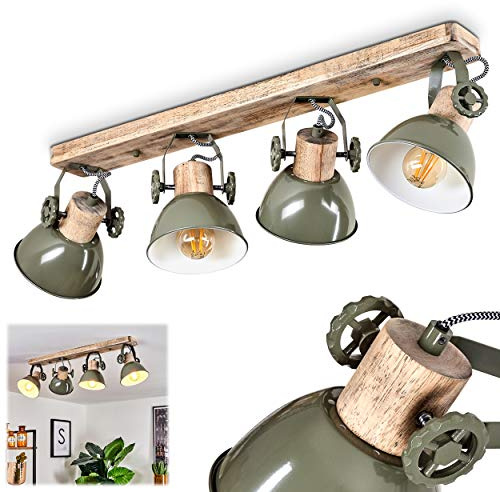 HOFSTEIN Deckenleuchte Orny, verstellbare Deckenlampe aus Metall/Holz in Grün/Weiß/Naturfarben, moderne Leuchte im Industrial/Retro/Vintage-Design, 4 x E27, Wohnzimmer, Esszimmer, Schlafzimmer, Küche