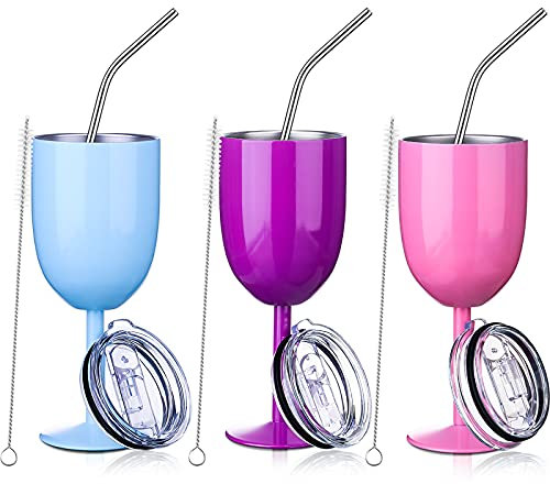 Geiserailie 3 Pcs Stemmed Stainless Steel Wine Glasses with Lid Double Wall Insulated Wine Tumbler with Drinking Straw and Straw Brush 10 oz Cups for Christmas Gifts(Pink, Purple, Light Blue,3 Pieces)