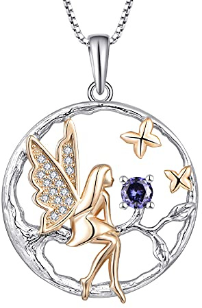 FJ Schutzengel Halskette Anhänger 925 Sterling Silber Engel Kette Damen Fee Schmetterling Baum des Lebens Halskette mit Geburtsstein Zirkonia Schmuck Geschenke für Frauen Mädchen