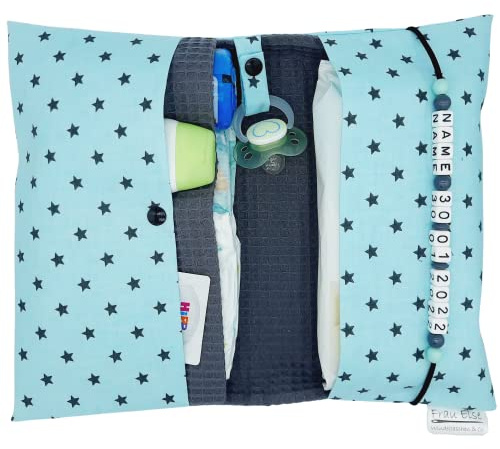 Große Windeltasche für unterwegs mit Namen personalisiert - für Mädchen und Jungen - Wickeltasche mit Waffelpique - Sterne mint dunkelgrau