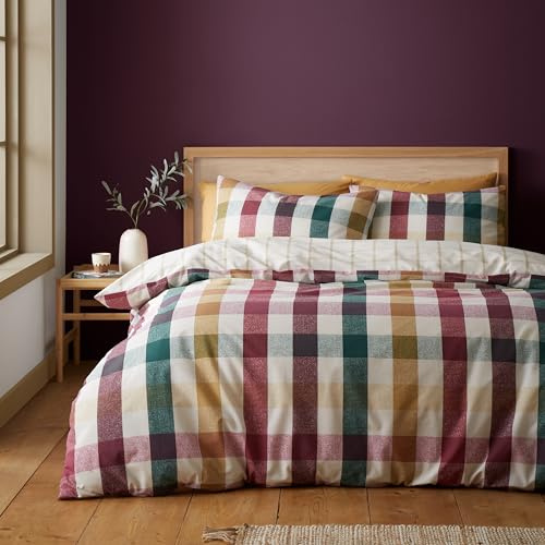 Catherine Lansfield Wende-Bettwäsche-Set für Einzelbett mit Kissenbezug, Herbstkaro, Pflaume