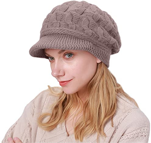 CheChury Damen Wollmütze Winter Mütze Warme Strickmütze Frauen Wintermütze Kaschmir Mütze mit Shirm Damen Schirmmütze Grobstrick Baskenmütze Winter Strickmütze mit Schirm Damen Barett Fleece