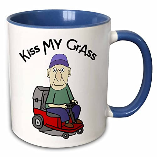 3dRose Funny Cute Old Man on Riding Lawn Mower Kiss my Grass Mowing Pun 15oz Two-Tone Blue Mug