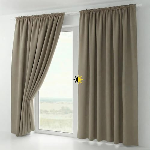 BEAUTEX 2er Set Kräuselband Verdunkelungsvorhang mit U-Band, Gardinen abdunkelnd und Blickdicht (B=300 cm, H=245 cm, Hellbraun)