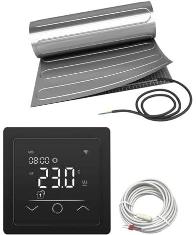 Elektrische Fußbodenheizung HoWaTech ALU für Laminat Parkett Vinyl Komplett Set TWIN Heizmatte 150 W/m² inkl. Thermostat WLAN WIFI Touch schwarz, Heizfläche:6.00m²