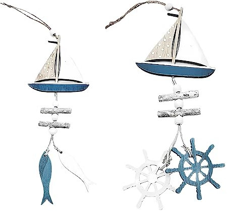 WeddHuis 2 Pezzi decorazione da appendere con barca, volante e ancora in legno - decorazione di spedizione da appendere - decorazione da appendere marittima per la casa