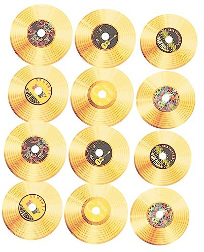 Veemoon 12pcs Vintage Record Wall Sticker Cd Decor Gold Aluminum Foil Music Party Stickers for Wall for Cafe and Bar Interior Design