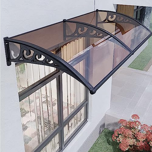 Kufu01 Auvent Fenêtre au Design Moderne,Marquise Porte Exterieur de Toit Auvent en Arc,Marquise de Porte d’Entrée en Polycarbonate Marron avec Support Noir,Contre la Pluie et UV (80x120cm/32 x47)