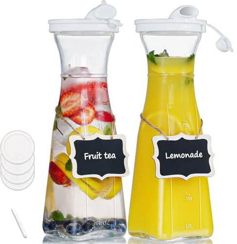 Glass Pitcher, 1 Liter Carafe for Mimosa Bar, 2 Pcs, Square Pitcher with Lid and Spout, Juice Container for Fridge, Cold Brew, Milk, Water Dispenser, Tea, Creamer, Sangria (3 Lids & 2 Spouts)