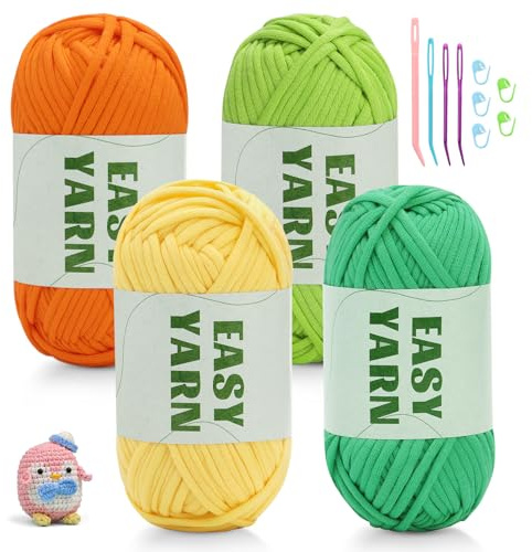 4x50g Beginner Crochet Yarn Easy Yarn for Crocheting Beginners | Beginner Crochet Yarn with Easy-to-See Stitches, Stitch Markers Crochet Starter Kit for Beginners Orange Yellow Green Green
