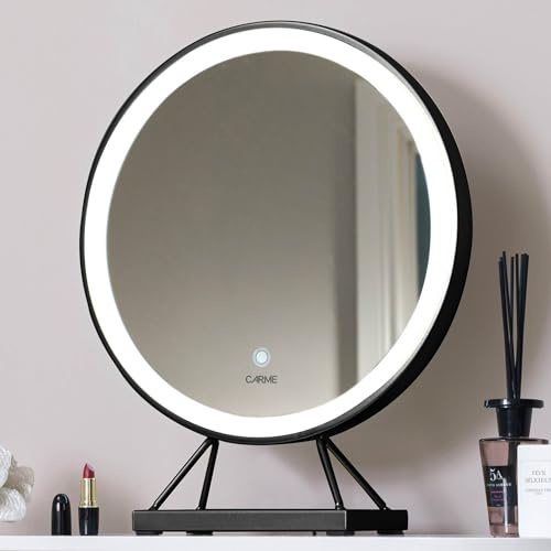 Desktop Vanity Makeup Mirror with LED Lights Touch Sensor Dimmable Mood Settings Illuminated Ring Light Dressing Table Mirror with Black Frame and Stand Modern Bedroom Décor for Vanity Dresser