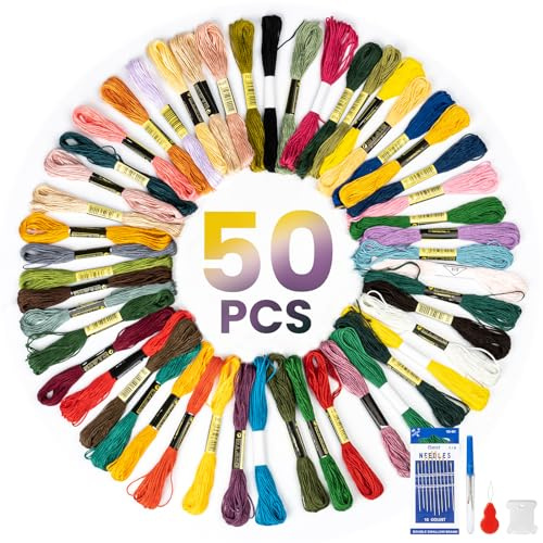 50 Colours Embroidery Threads, Cross Stitch Thread, Embroidery Floss with Needles, Rainbow Colour Bracelet Thread for Knitting, Embroidery Floss Bobbins, Cross Stitch Project