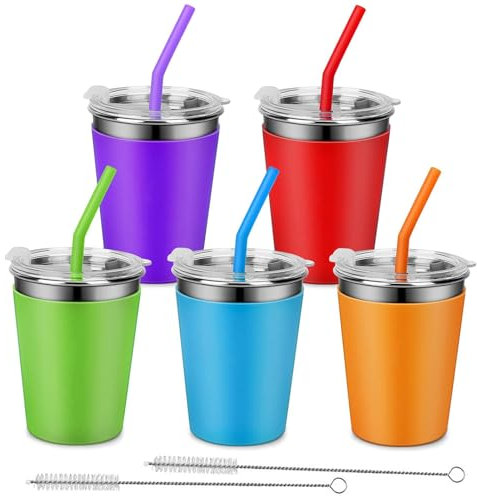 Hikrxya 5 Pack Stainless Steel Cups with Lids and Straws, 12oz Unbreakable Iced Coffee Cup, Kids Tumbler with Straw and Lid, Reusable Drinking Cup Travel Mug with Silicone Sleeves for Adults Kids