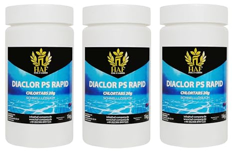HAF® Schnelllösliche Chlortabletten 20g mit hohem Aktivchlor Gehalt | Chlortabs 20g, 3 kg | S-Tabletten für Desinfektion von Pool, Schwimmbad & Whirlpool - Qualität: Made in Europe - Menge: 3 x 1 kg