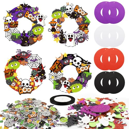 Zkaoai Halloween Bastelset Kinder, 8 Stück Halloween Herbst Kranz Bastelset, Kranz Bastelnkinder Türkranz Moosgummi, DIY Basteln Kranz Halloween Herbstbasteln für Kinder