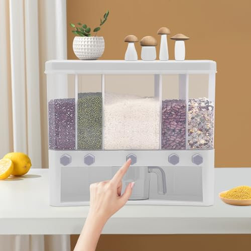 Oxylonty Grain Dispenser, Dry Food Dispenser, 5-Grid Kitchen, Split Dry Food Container, Storage of Cereal Jars, Wall Mounted Rice Container for Cereals, Nuts, Soybeans, Dispenser Container